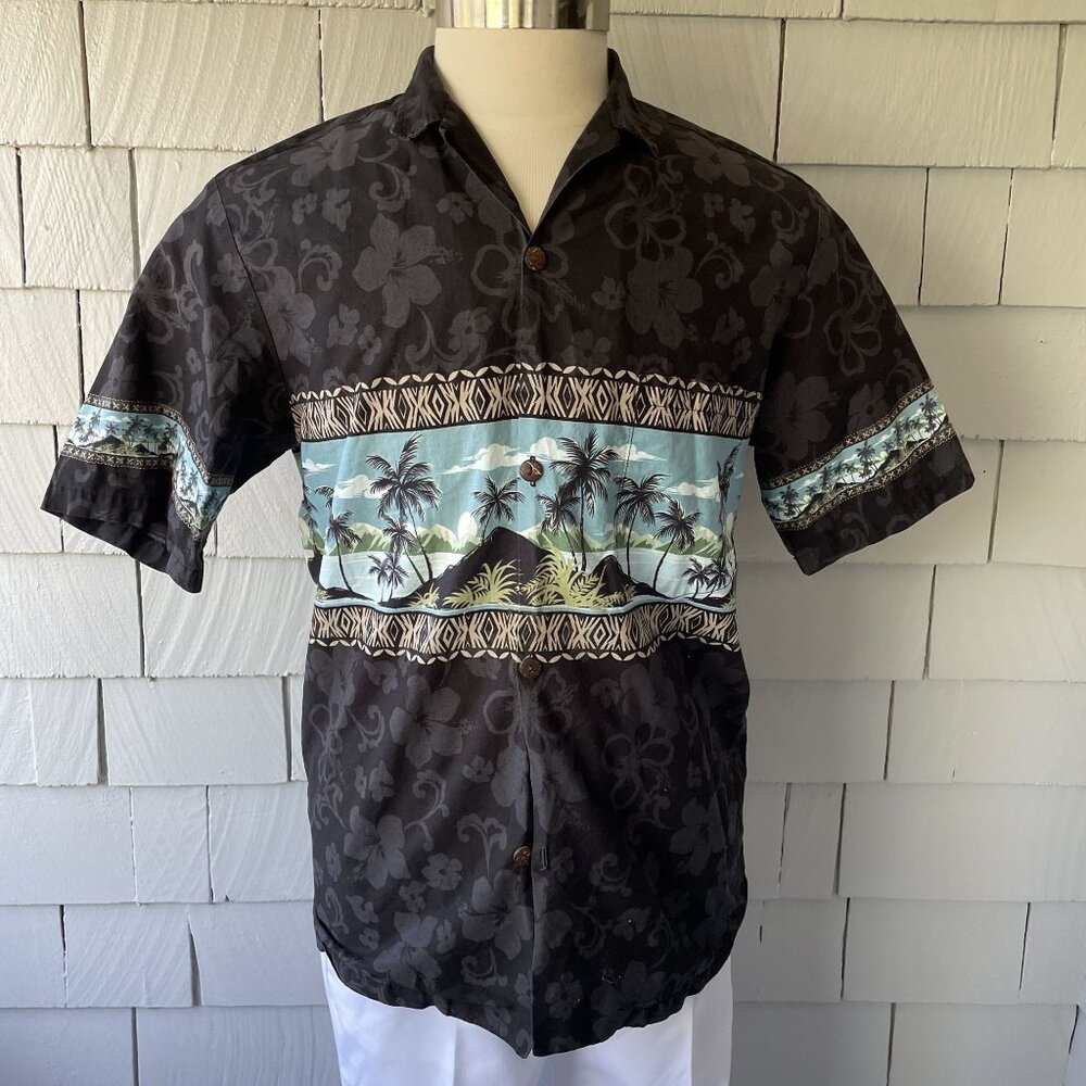 Royal Creations 100% Cotton Black & Blue Palm Tree Print Hawaiian Shirt Size L